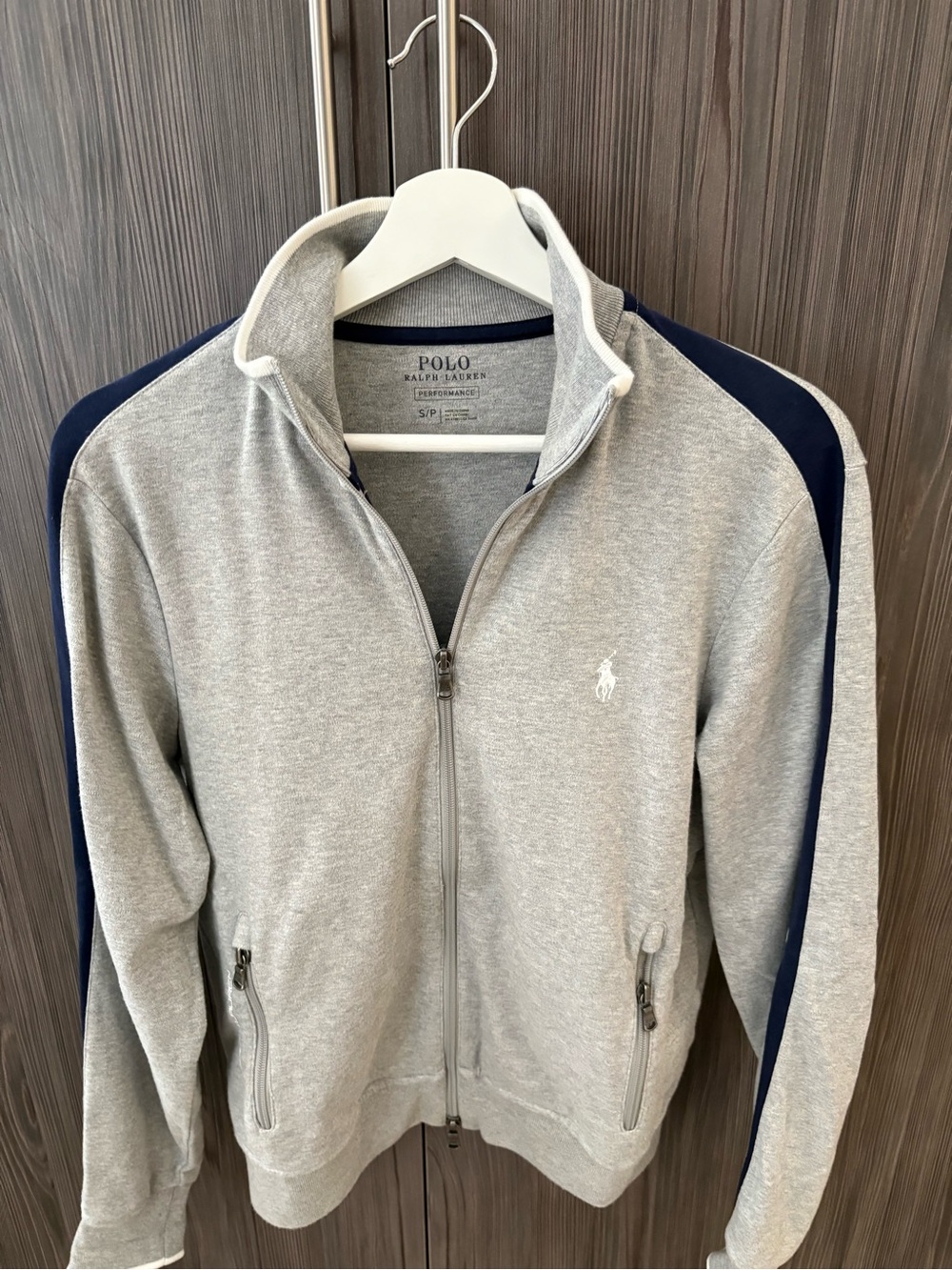 Polo by Ralph Lauren Light Gray Zip-Up Jacket with Navy Sleeve Stripes